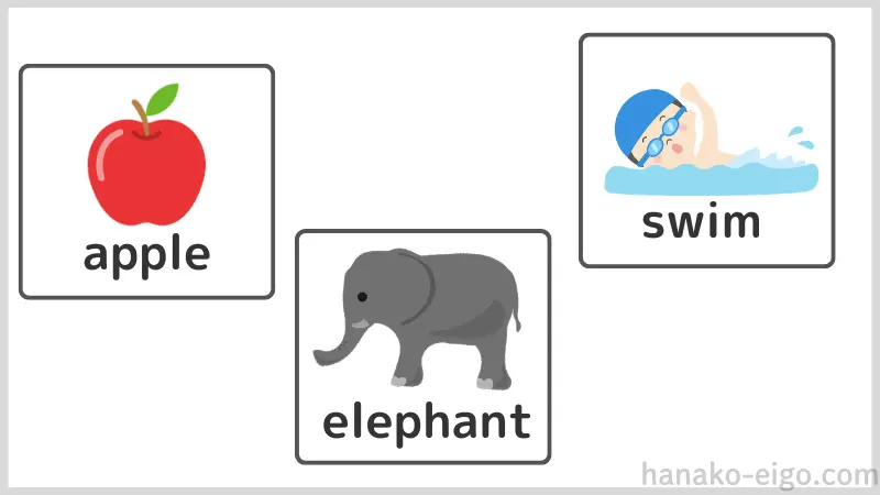 リンゴのイラストとapple、象のイラストとelephant、泳ぐ少年のイラストとswimという、イラストと英単語がセットになった3枚のピクチャーカード。
